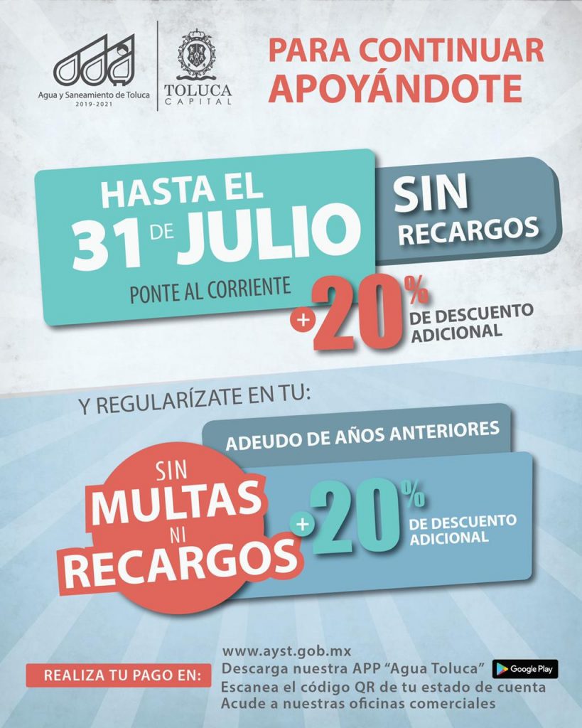 AMPLÍAN PLAZO DE DESCUENTO PARA PAGO DE AGUA EN TOLUCA Agua y